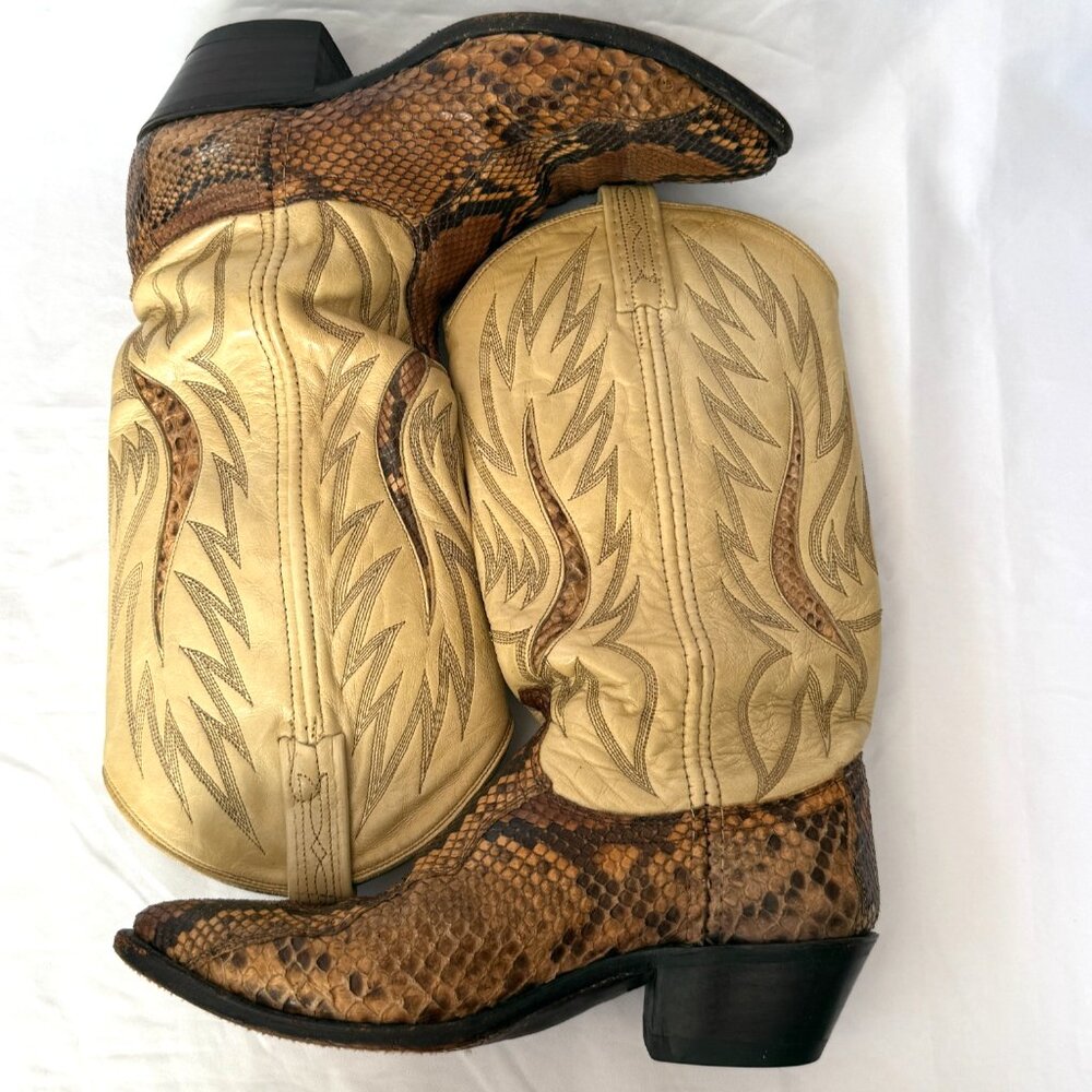 VINTAGE DAN POST PYTHON SNAKESKIN LEATHER COWBOY BOOTS BEIGE BROWN WOMENS 7.5 M